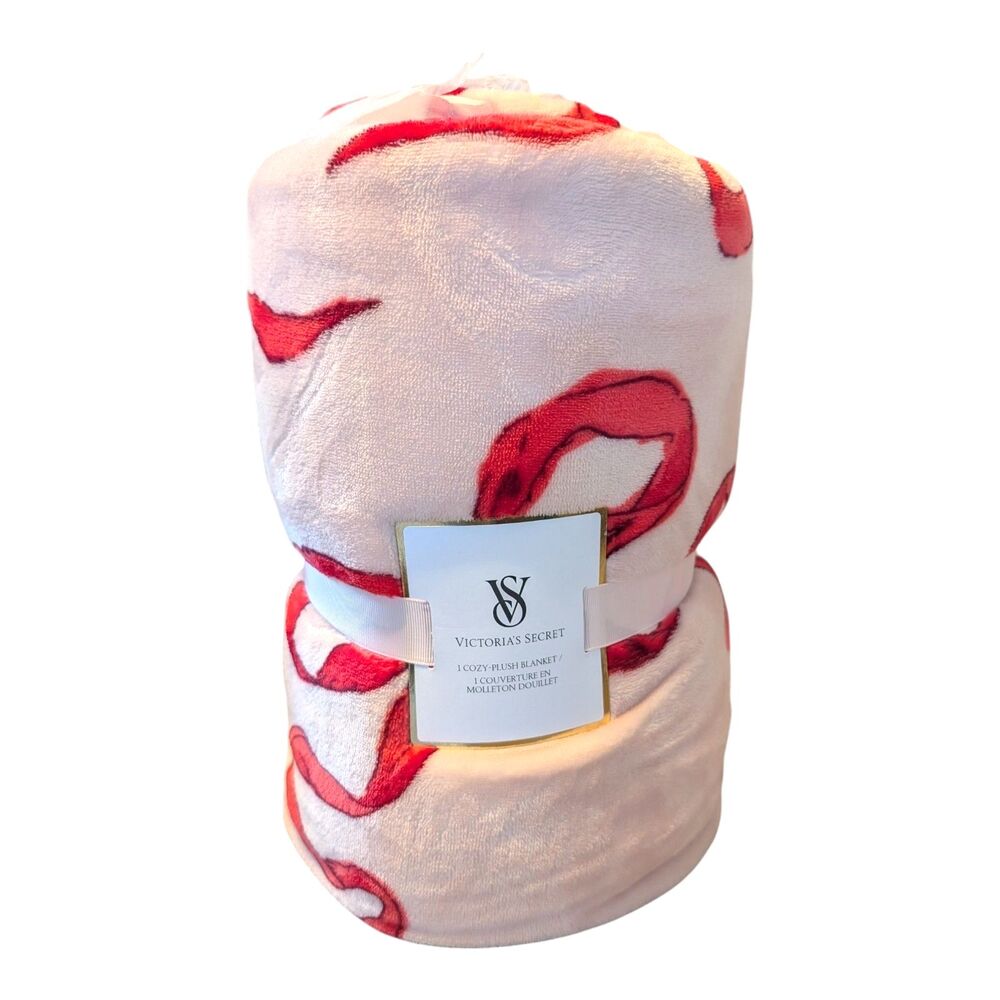 Victoria Secret 50"x60" Pink w Red Bows 2024 Blanket Throw White Sherpa New